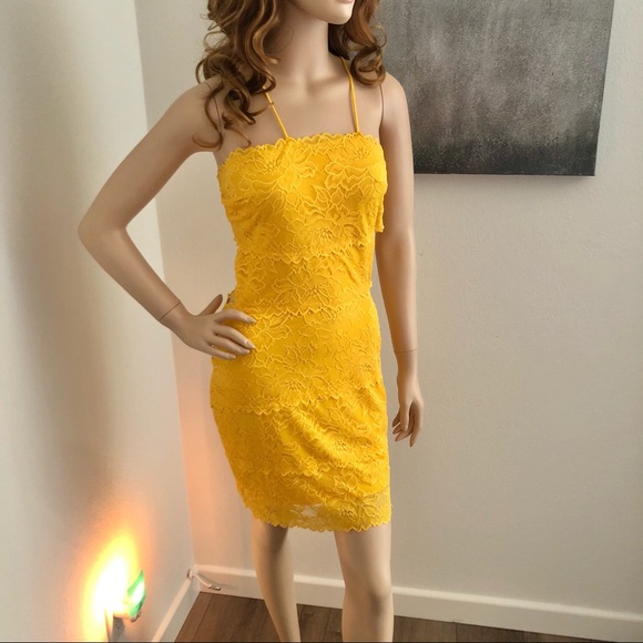 Guess Yellow Sleeveless Lace Cut Out Mini Dress - Picture 6 of 11